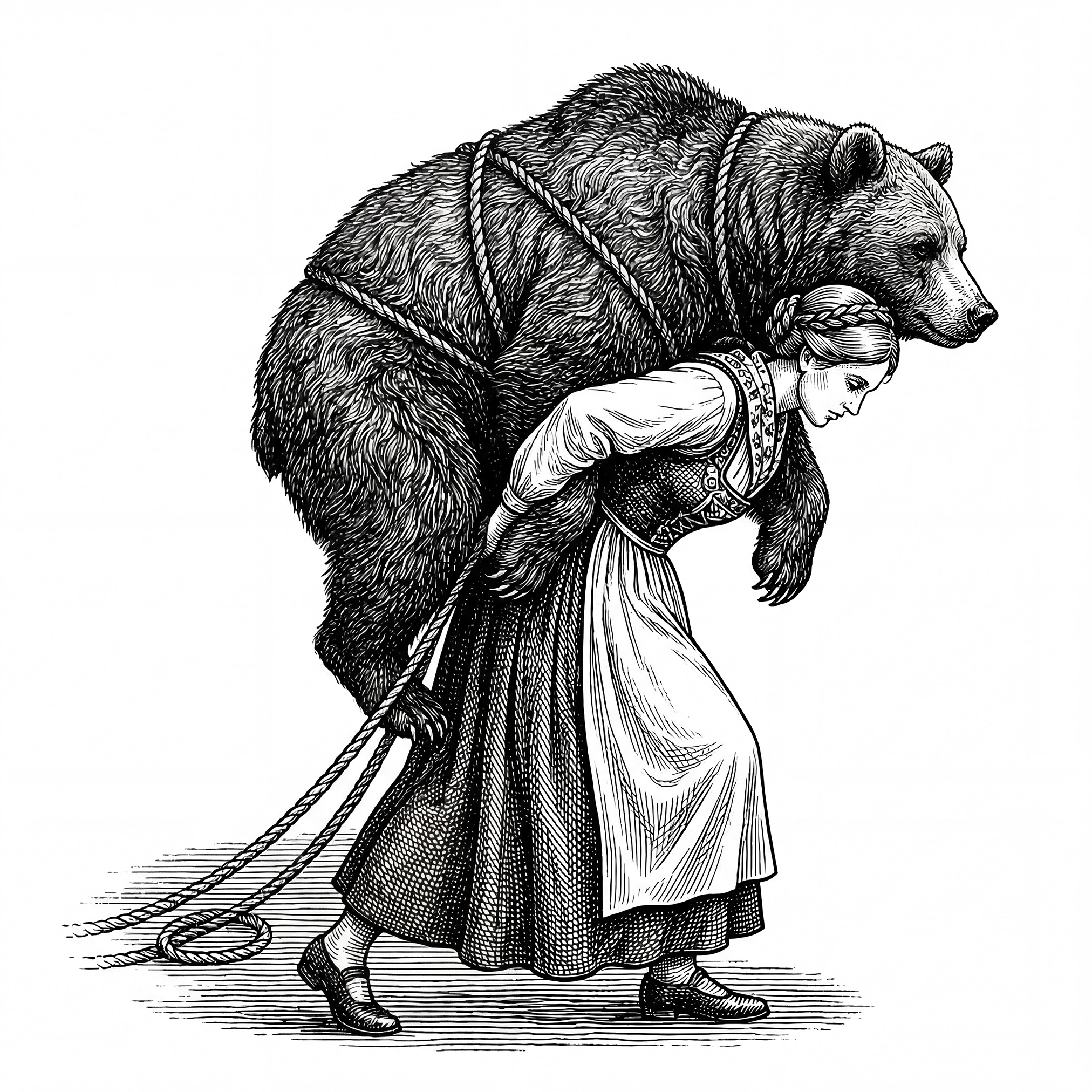 Black ink illustration of a person carrying a bear tied with rope